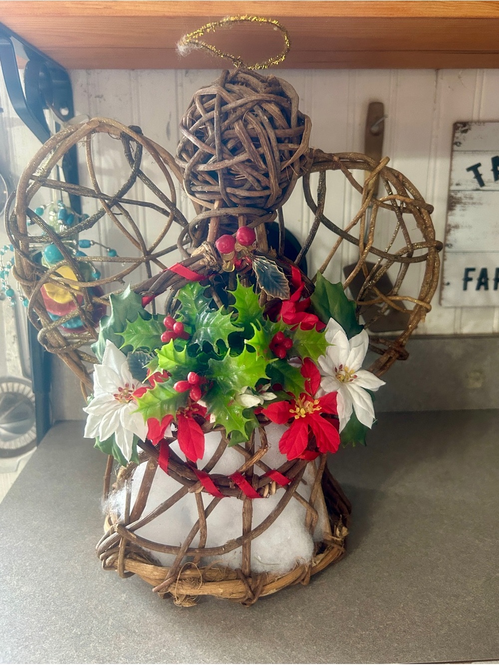 Rustic grapevine Angel Holiday Accent with Red & White Poinsettias